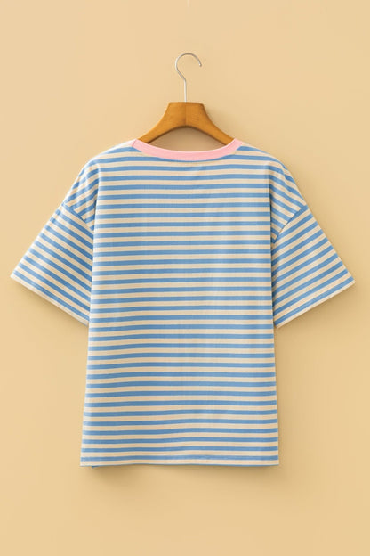 Sky Blue Stripe Contrast Crew Neck Drop Shoulder Loose Tee - Loving It Shop