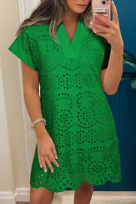 Green Solid Color Eyelet Embroidered T Shirt Mini Dress - Loving It Shop
