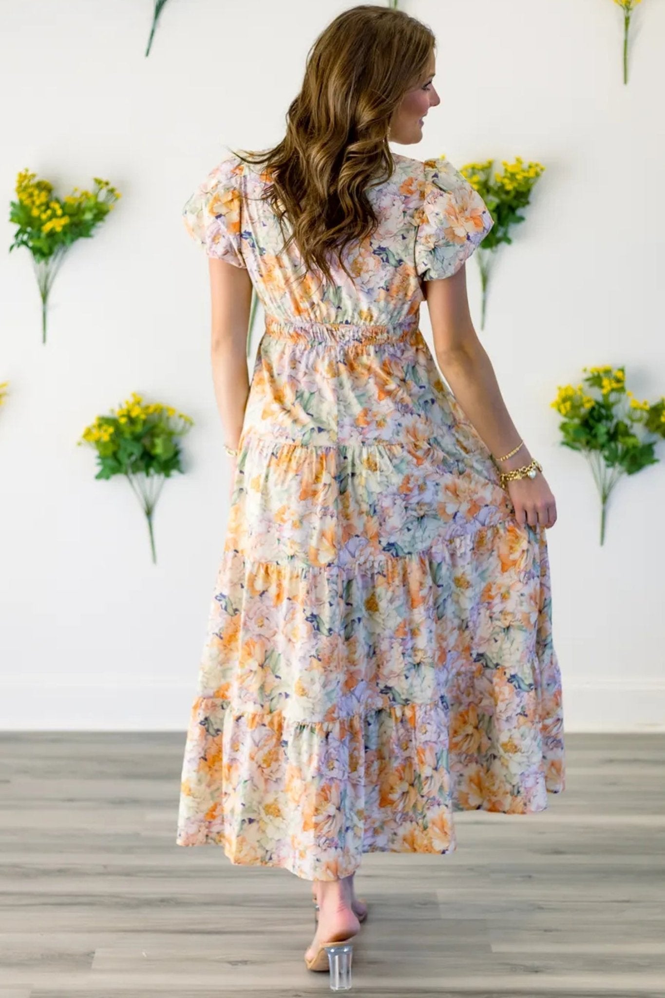Orange Floral Bubble Sleeve V Neck Flared Maxi Dress - Loving It Shop