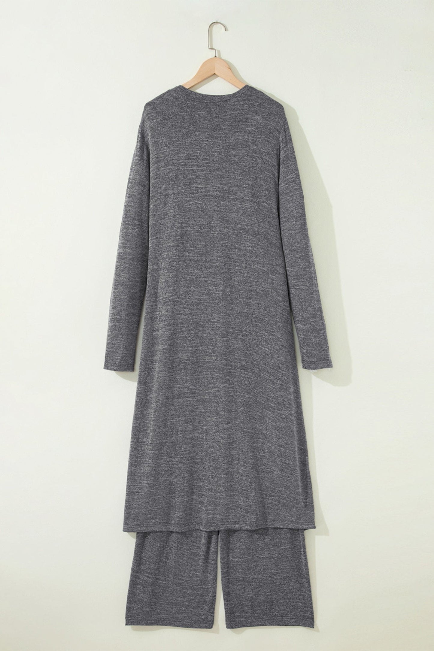 Dark Grey 3pcs V Neck T Shirt Ribbon Knot Pants Open Duster 3pcs Lounge Set