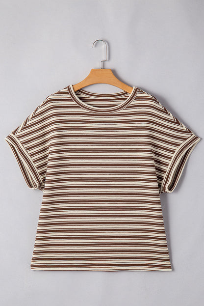 Brown Stripe Textured Side Slits Crew Neck T Shirt