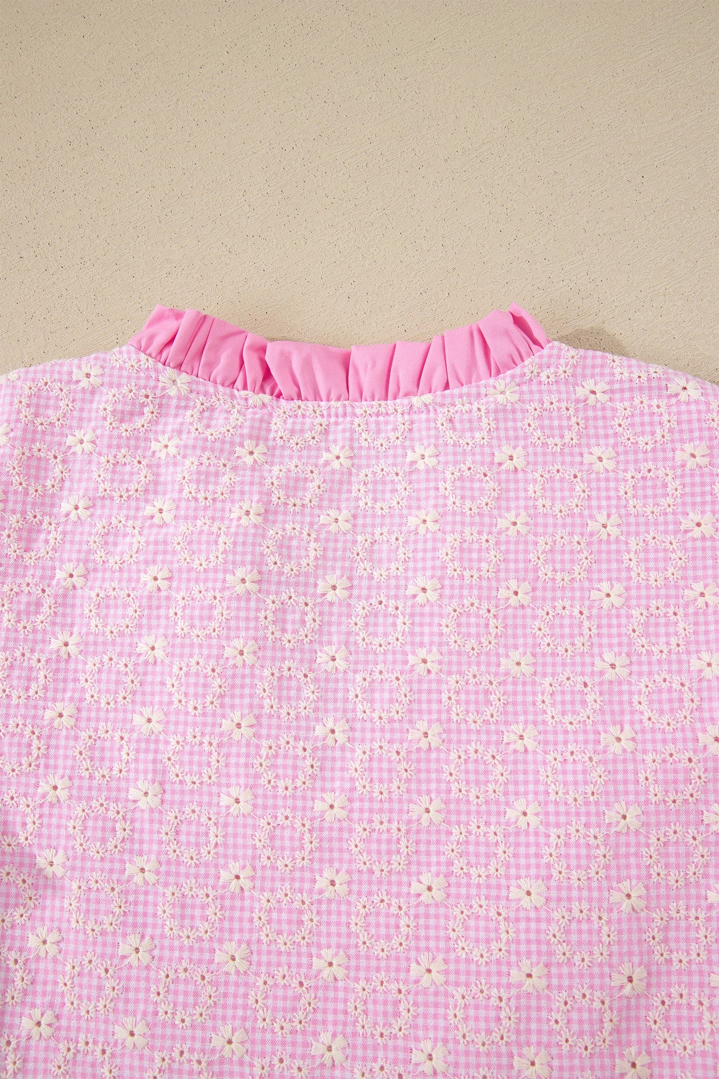 Pink Eyelet Embroidered Flower Texture Contrast Lace Trim Flutter Sleeve Blouse