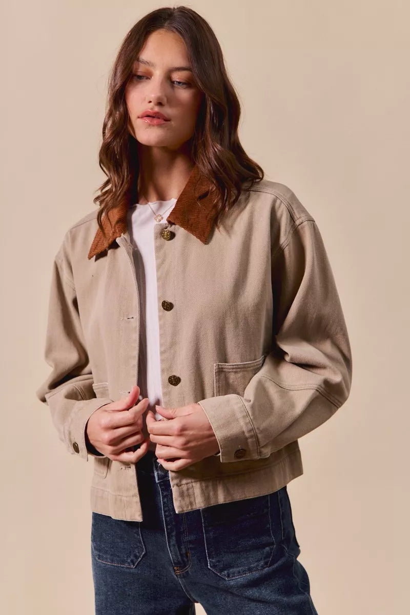 Cotton Twill Cropped Barn Jacket wtih Collar