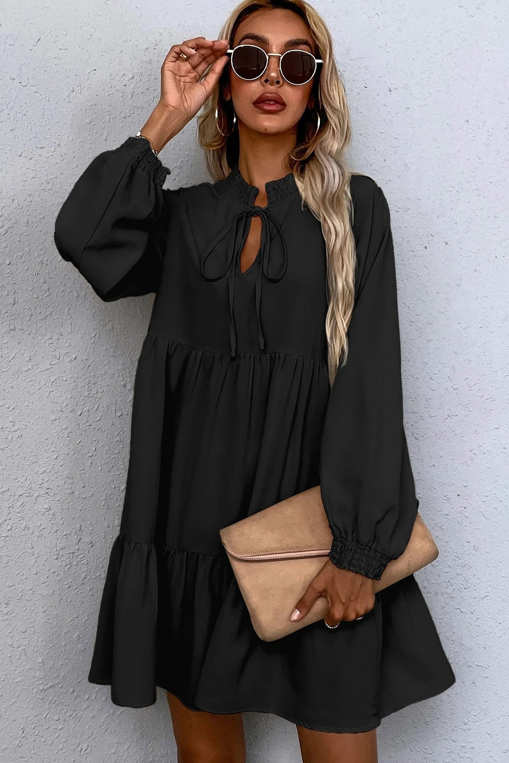 Black Tie Split Neck Smocked Detail Long Puff Sleeve Ruffle Hem Loose Dress