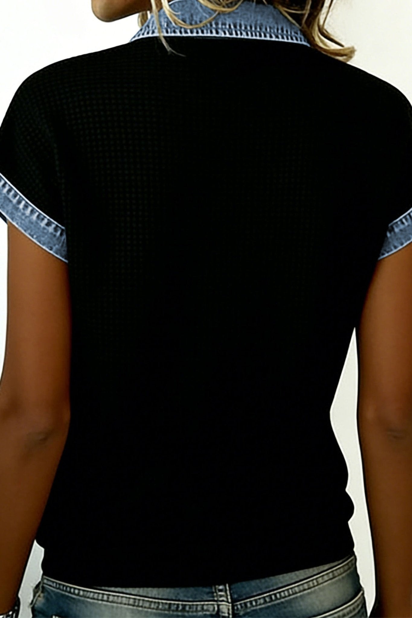 Black Textured Knit Denim Color Block Patchwork Collar Button Down Shirt - Loving It Shop