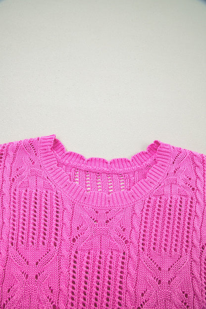 Bonbon Pointelle Knit Patterned Scalloped Trim Short Sleeve Sweater
