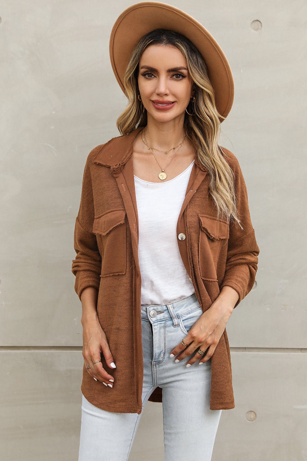 Brown Contrast Flap Pockets Relaxed Shacket - Loving It Shop