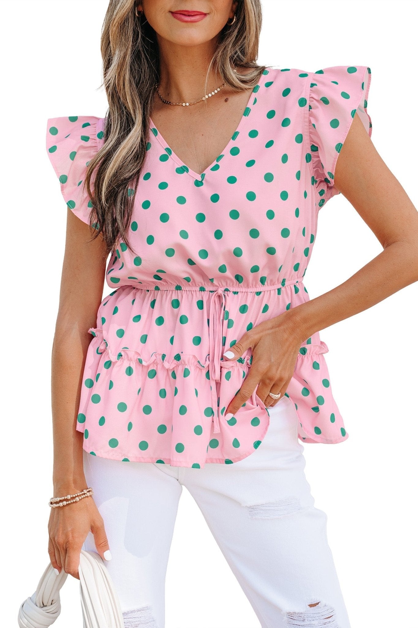 Pink V Neck Polka Dot Print Drawstring Tiered Babydoll Blouse - Loving It Shop