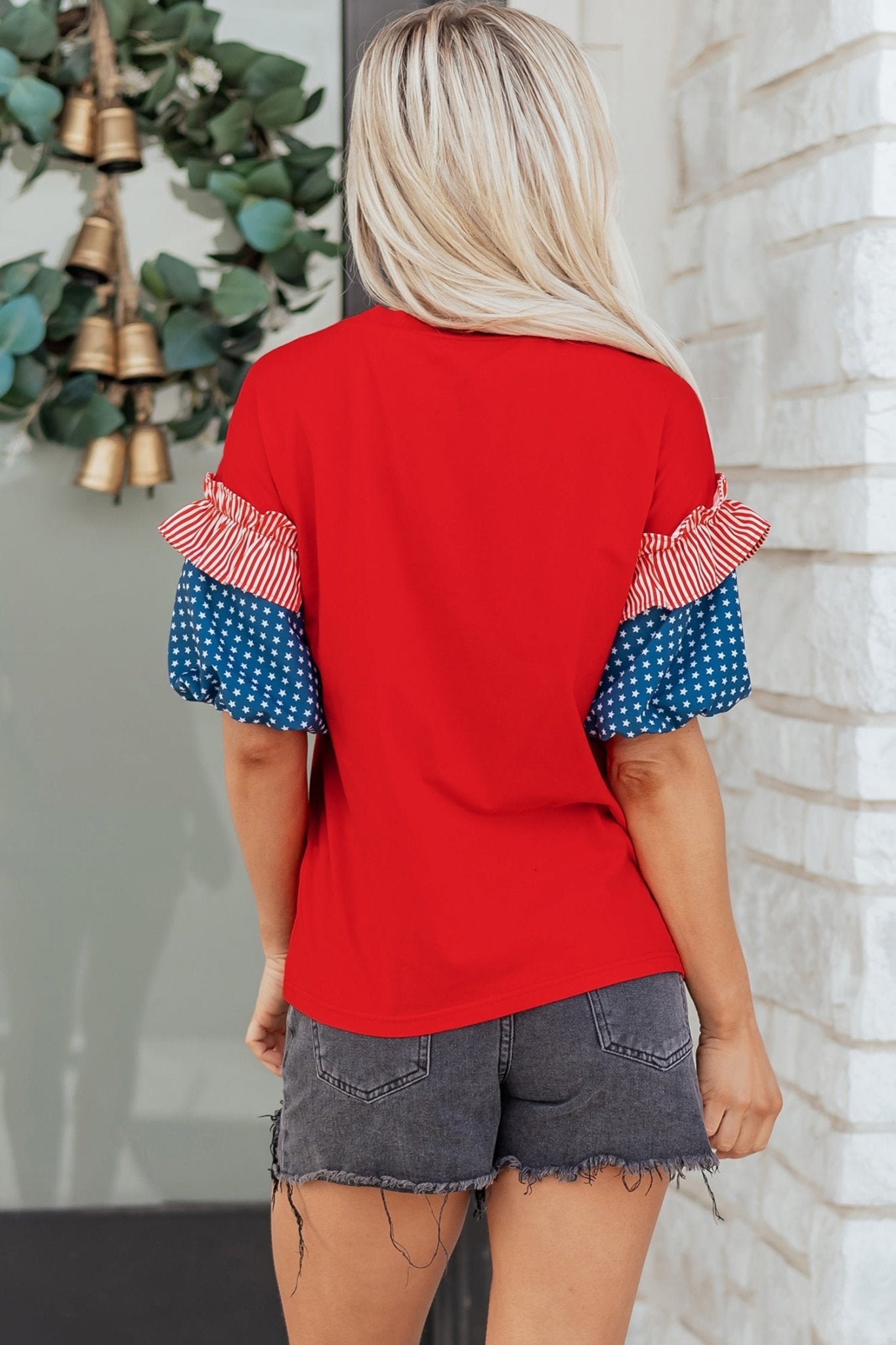Fiery Red Sequin USA Lettering Patriotic Contrast Splicing Sleeve Top - Loving It Shop