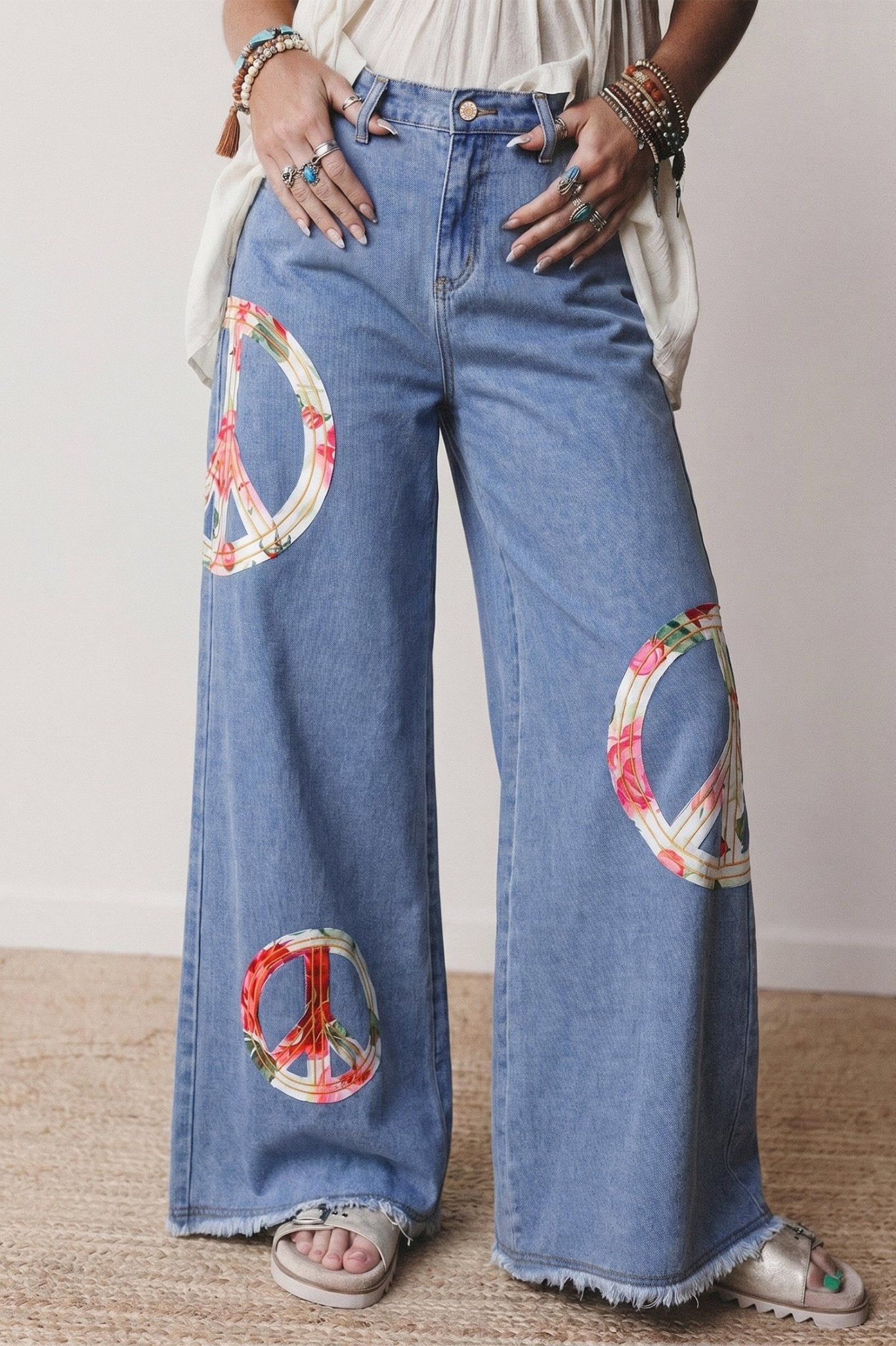 Myosotis Floral Peace Sign Embroidered Patch Wide Leg Jeans - Loving It Shop