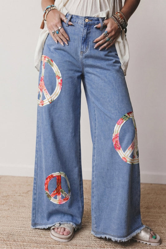 Myosotis Floral Peace Sign Embroidered Patch Wide Leg Jeans - Loving It Shop