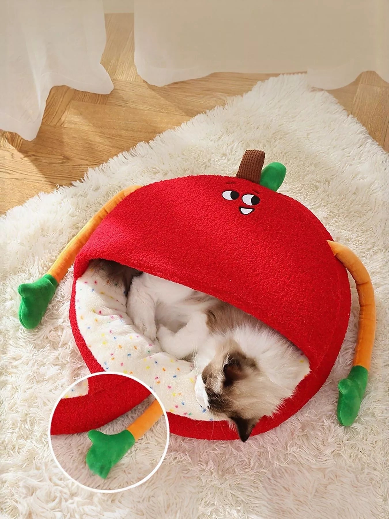Cartoon Apple Shape Pet Nest with Plush Arms - Loving It Shop