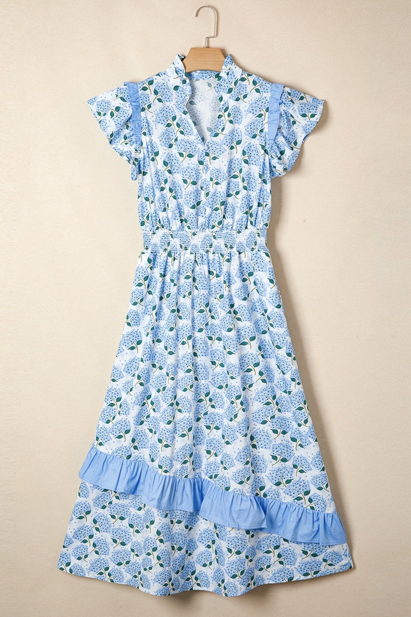 Sky Blue Hydrangea Floral Print Ruffle Trim Flutter Sleeve Long Dress - Loving It Shop