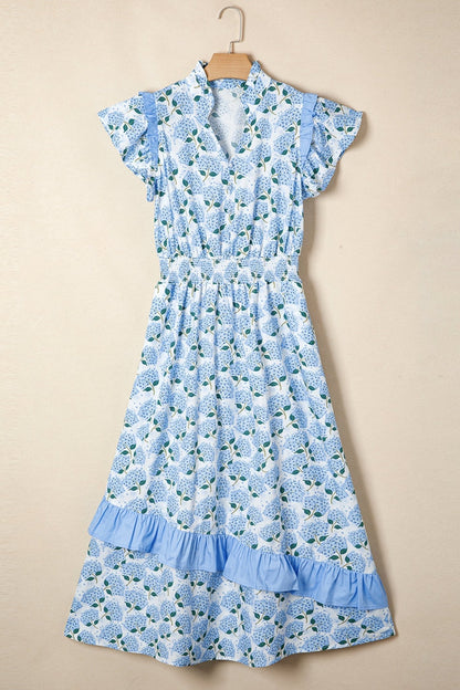 Sky Blue Hydrangea Floral Print Ruffle Trim Flutter Sleeve Long Dress - Loving It Shop