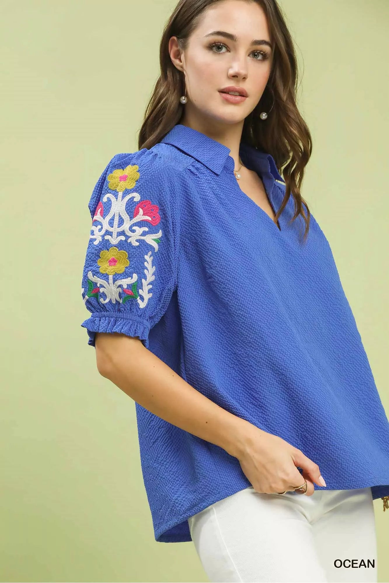 Seersucker Embroidered Sleeve Blouse
