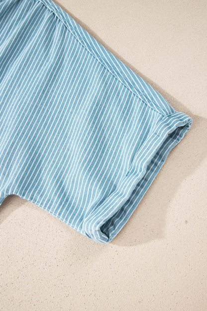 Sky Blue Stripe Cuffed Short Sleeve Button up Loose Shirt