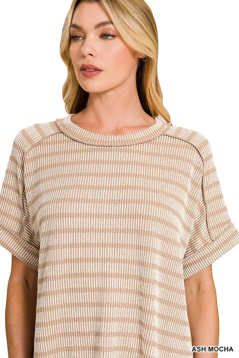 Raised Rib Striped Exposed Seam Top