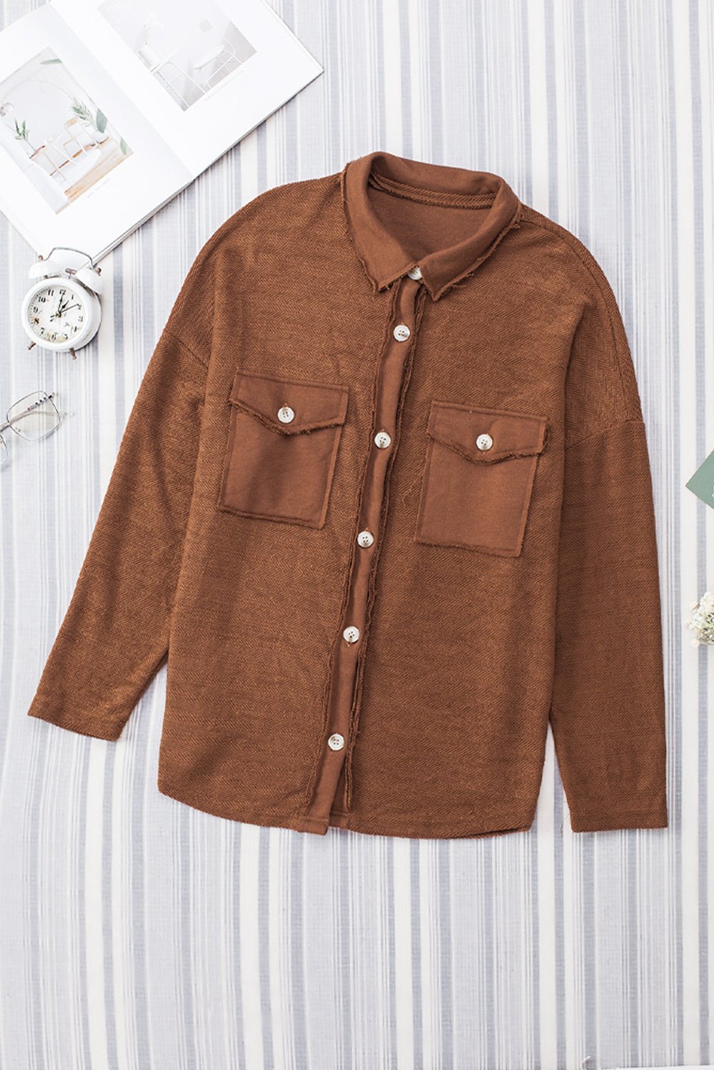 Brown Contrast Flap Pockets Relaxed Shacket - Loving It Shop