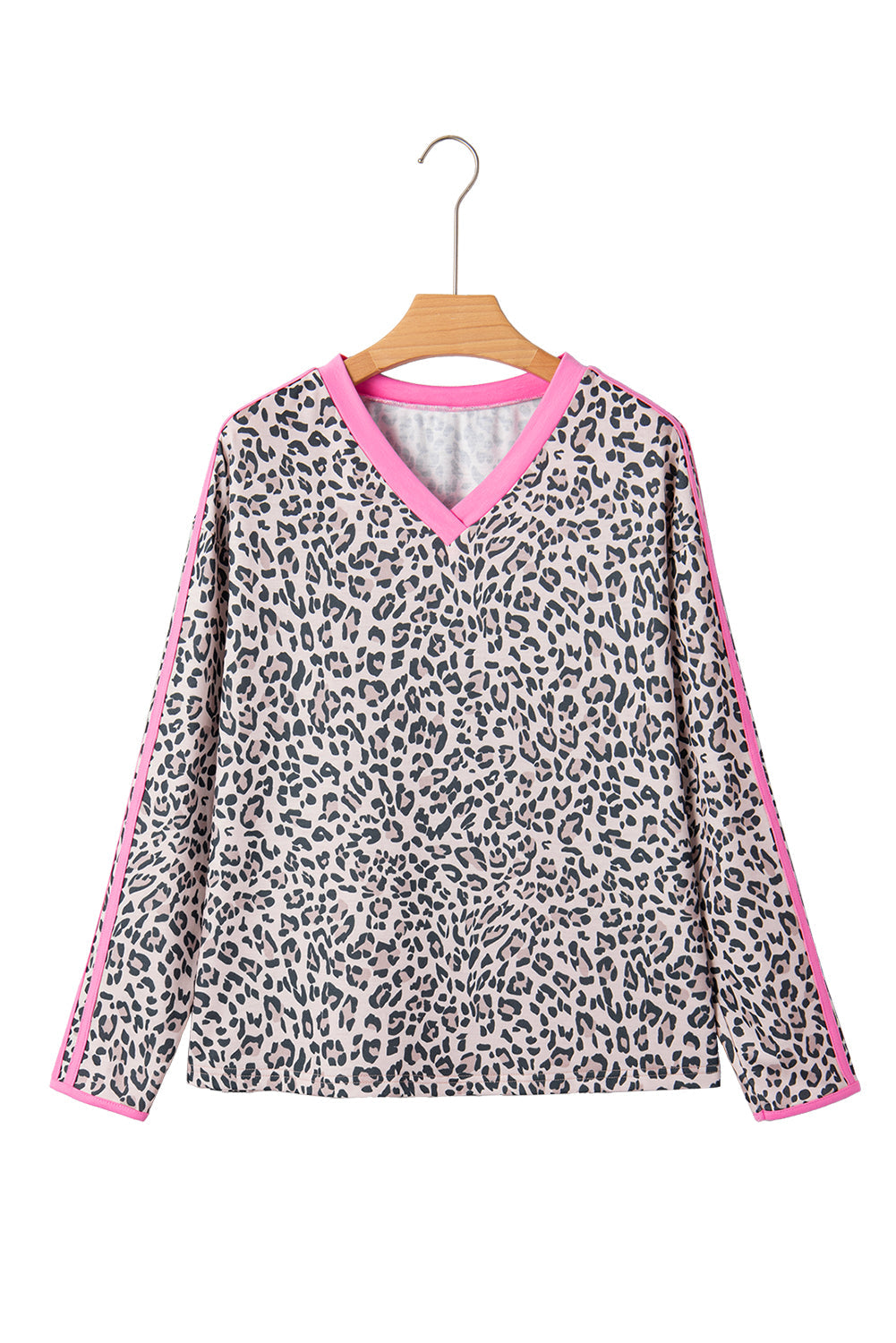 Khaki Leopard Print Contrast V Neck Varsity Stripe Detail Long Sleeve Top