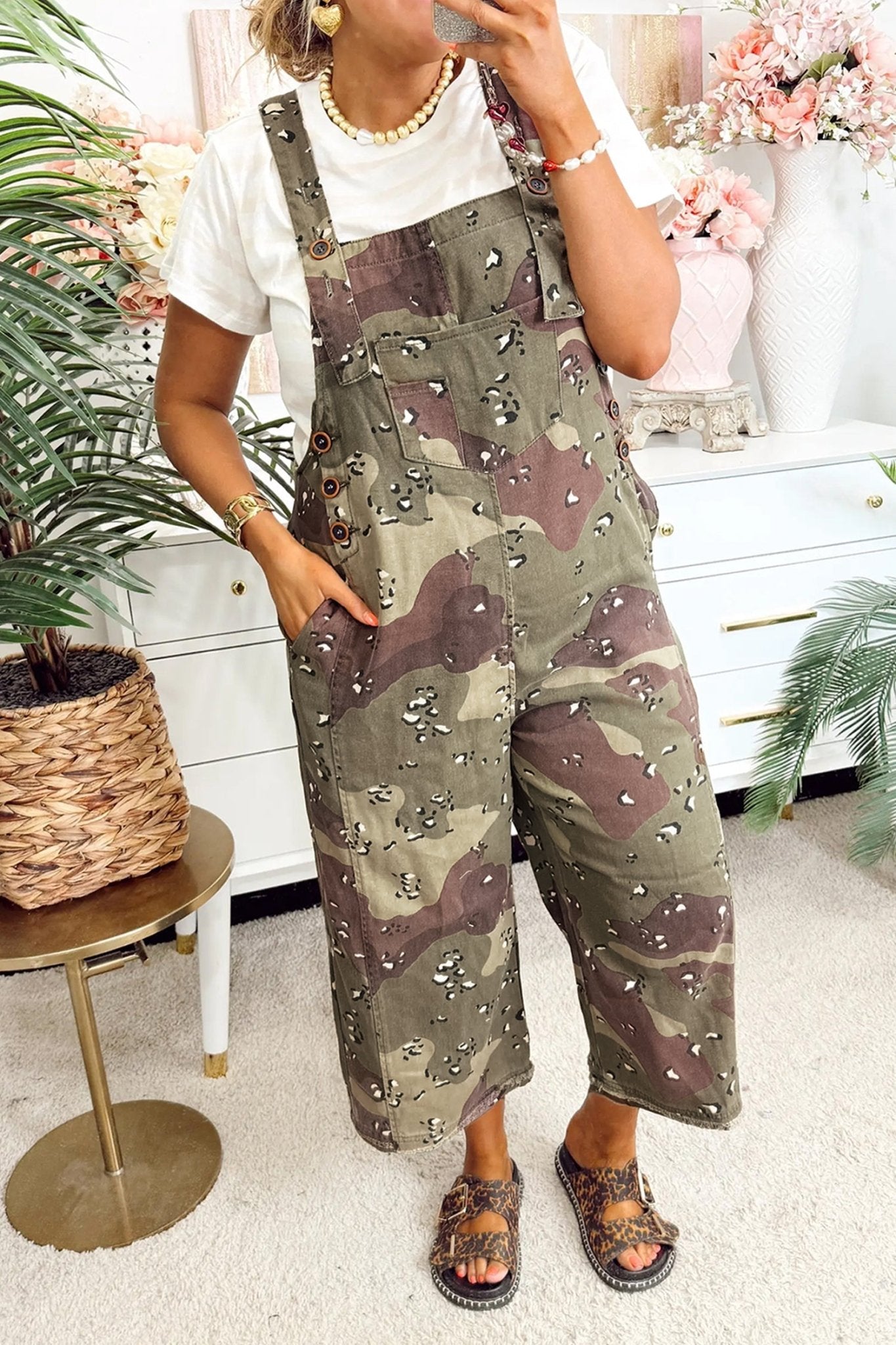 Green Camouflage Print Leopard Detail Loose Denim Overall Cropped Jumpsuit - Loving It Shop