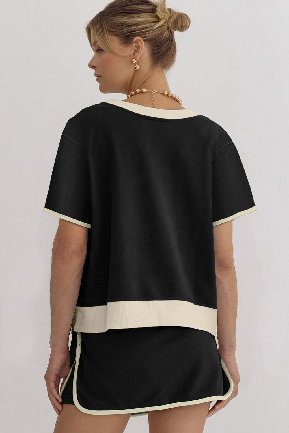 Black Sequin Rugby Football Bow Patched Colorblock Edge Tee and Skort Set - Loving It Shop
