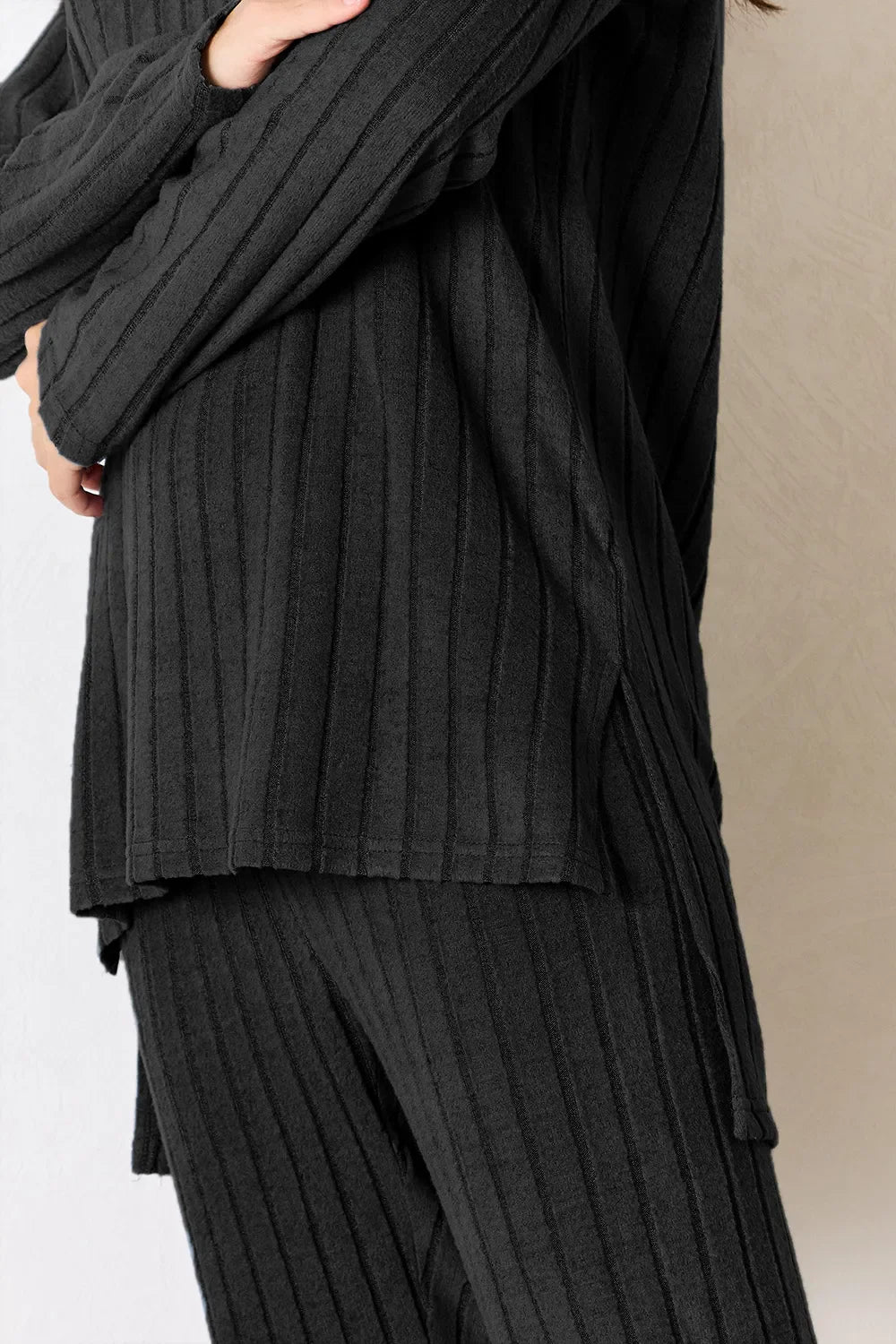 I am a Fashion Junky Full Size Ribbed Round Neck High-Low Slit Top and Pants Set