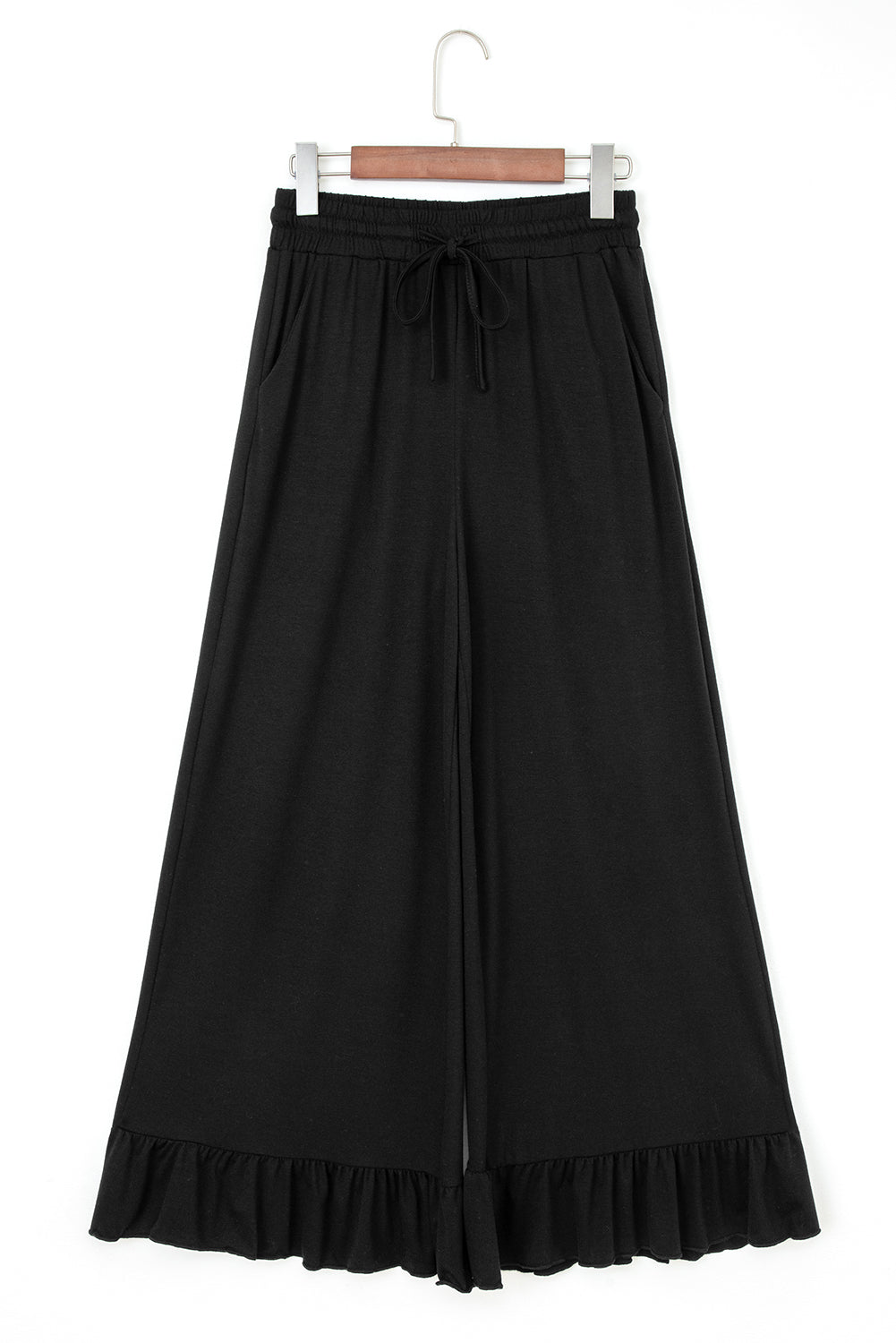 Black Ruffled Wide Leg Pull On High Waist Pants with Pockets - Loving It Shop