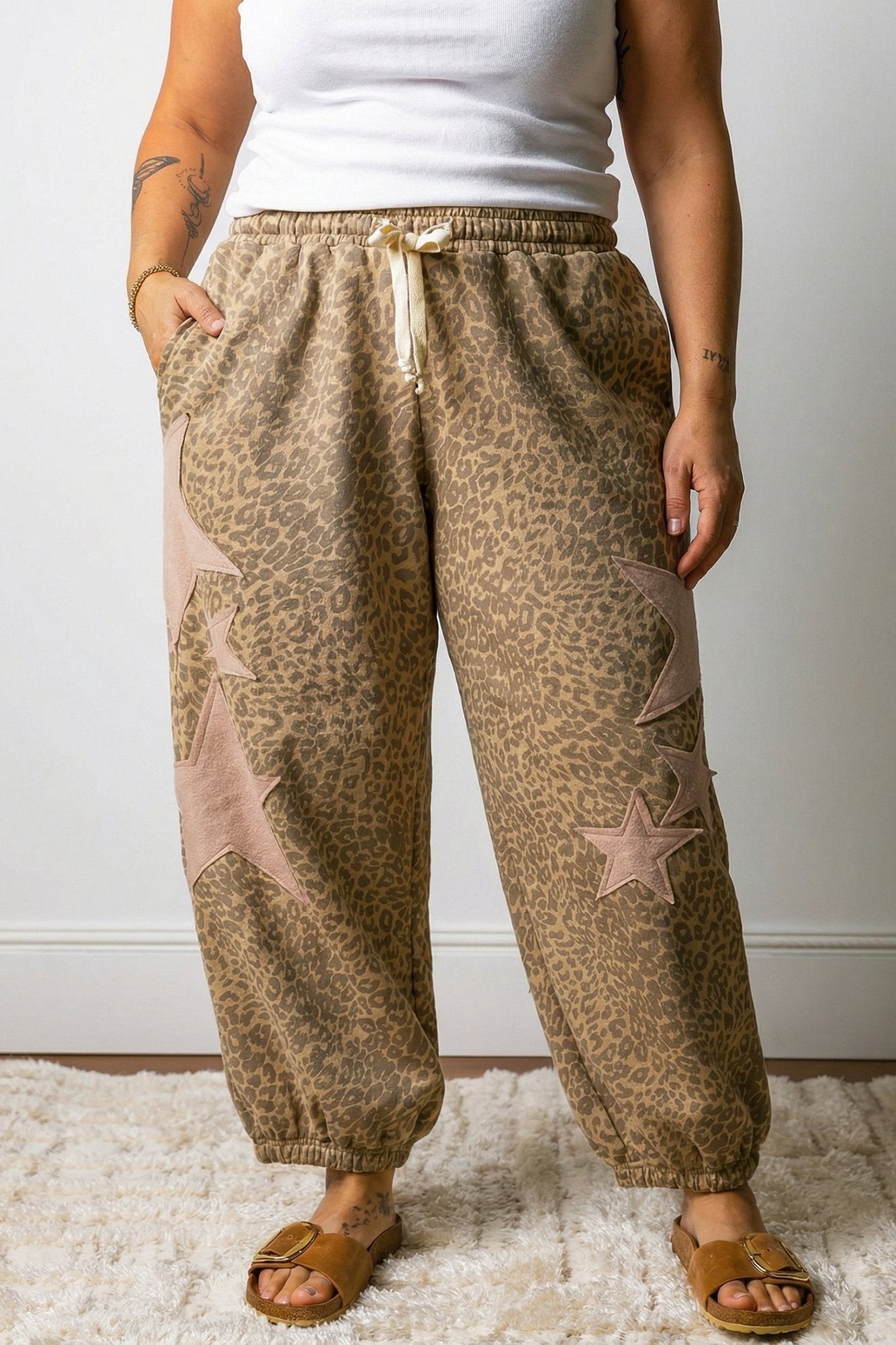 Khaki Plus Size Leopard Print Western Star Patched Jogger Pants - Loving It Shop
