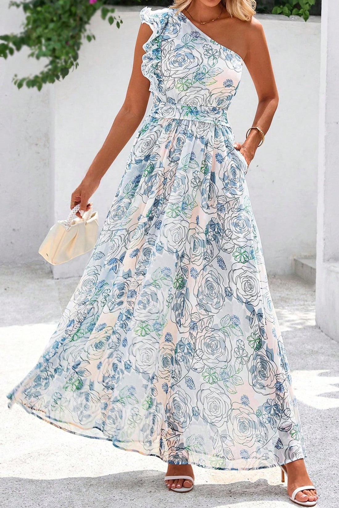 Sky Blue Floral Print Ruffled One Shoulder Vacation Maxi Dress - Loving It Shop