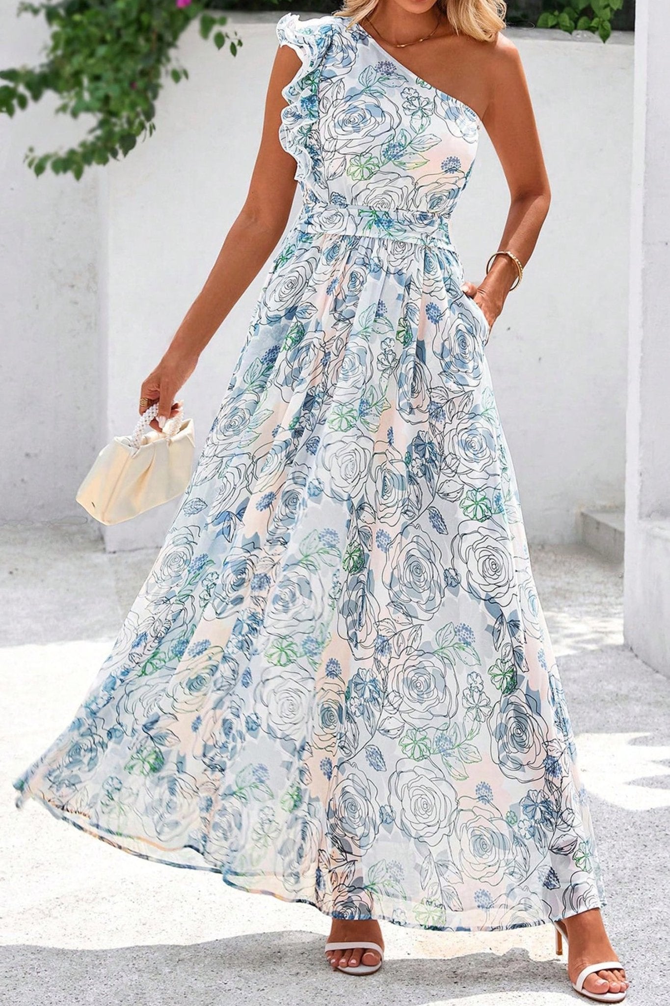 Sky Blue Floral Print Ruffled One Shoulder Vacation Maxi Dress - Loving It Shop