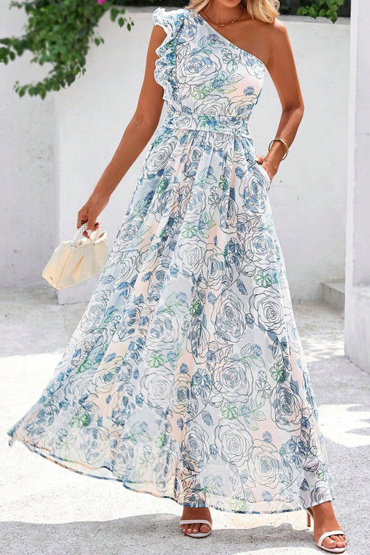Sky Blue Floral Print Ruffled One Shoulder Vacation Maxi Dress - Loving It Shop