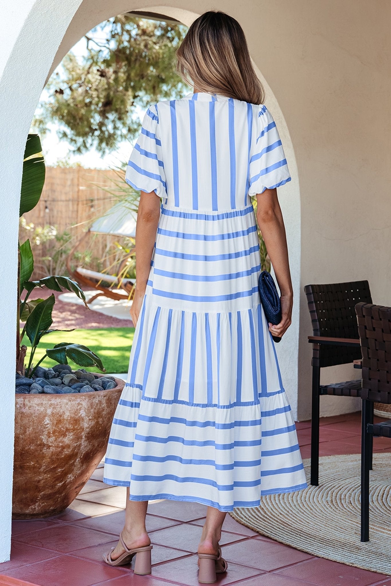Sky Blue Stripe Ricrac Trim Notched Neck Half Sleeve Vacation Dress - Loving It Shop