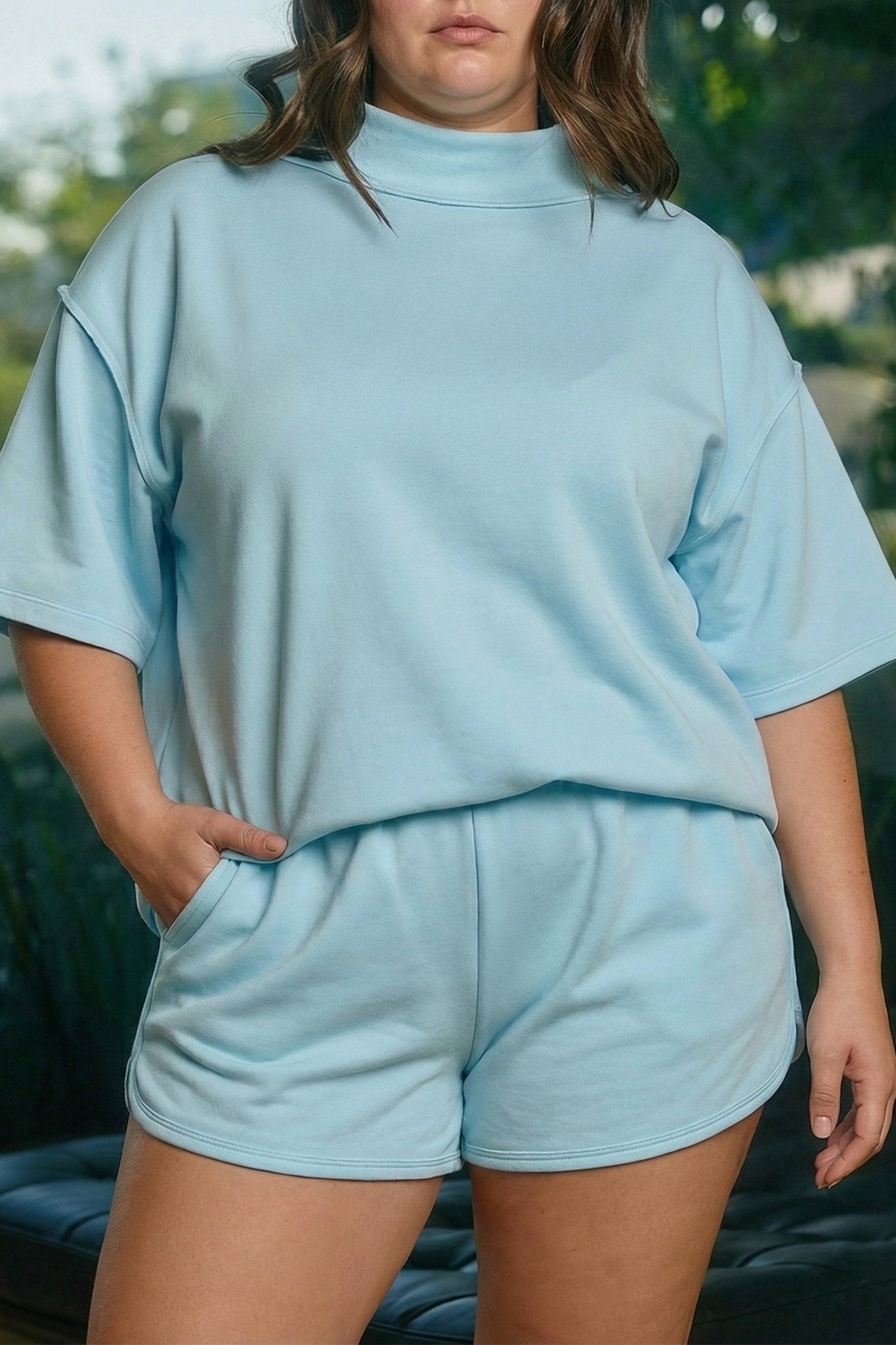 Mist Blue Solid Color Mock Neck Half Sleeve Top Plus Size 2pcs Short Set - Loving It Shop