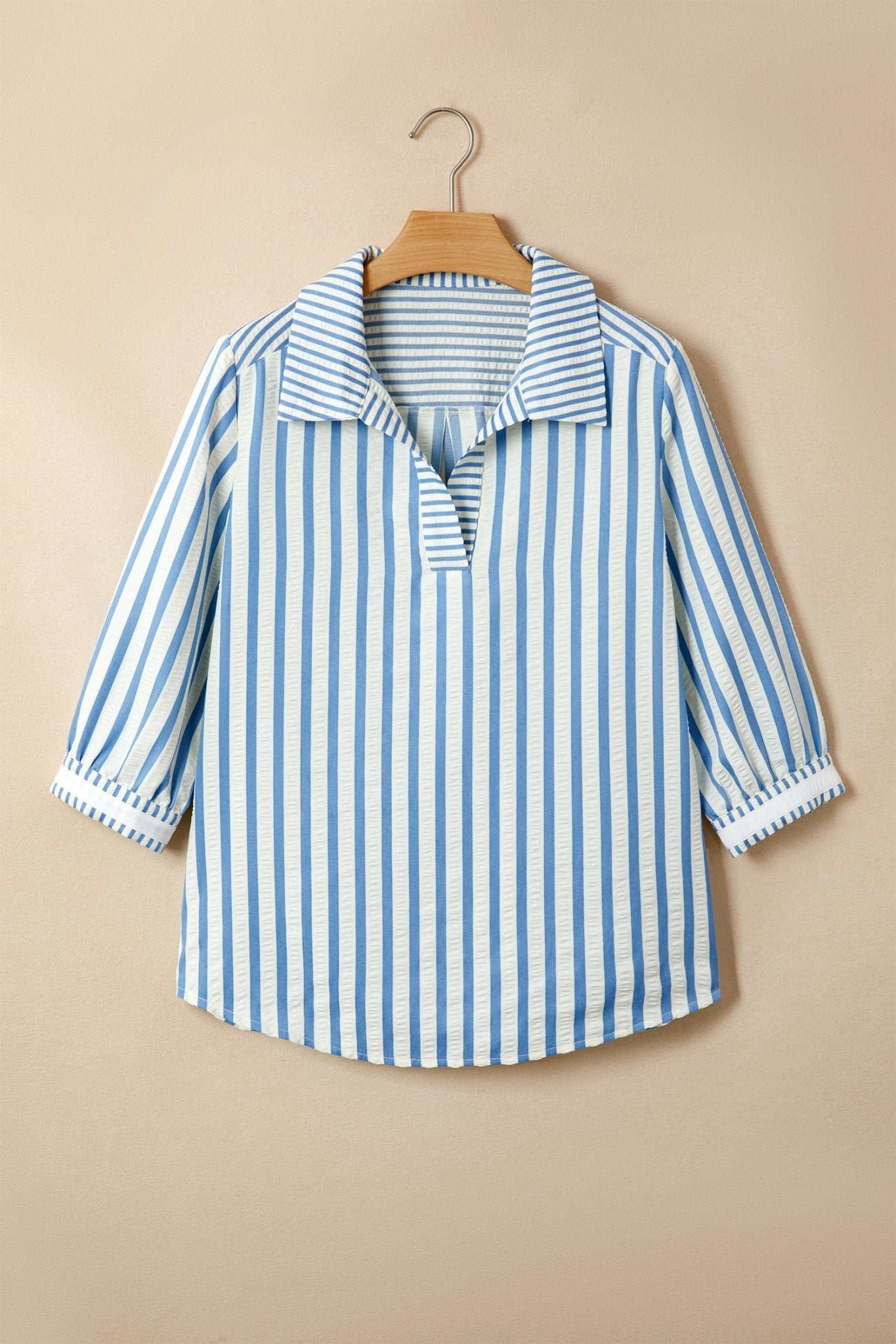 Sky Blue Stripe 3/4 Sleeve Collared Neck Blouse - Loving It Shop