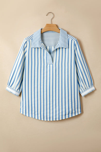 Sky Blue Stripe 3/4 Sleeve Collared Neck Blouse - Loving It Shop