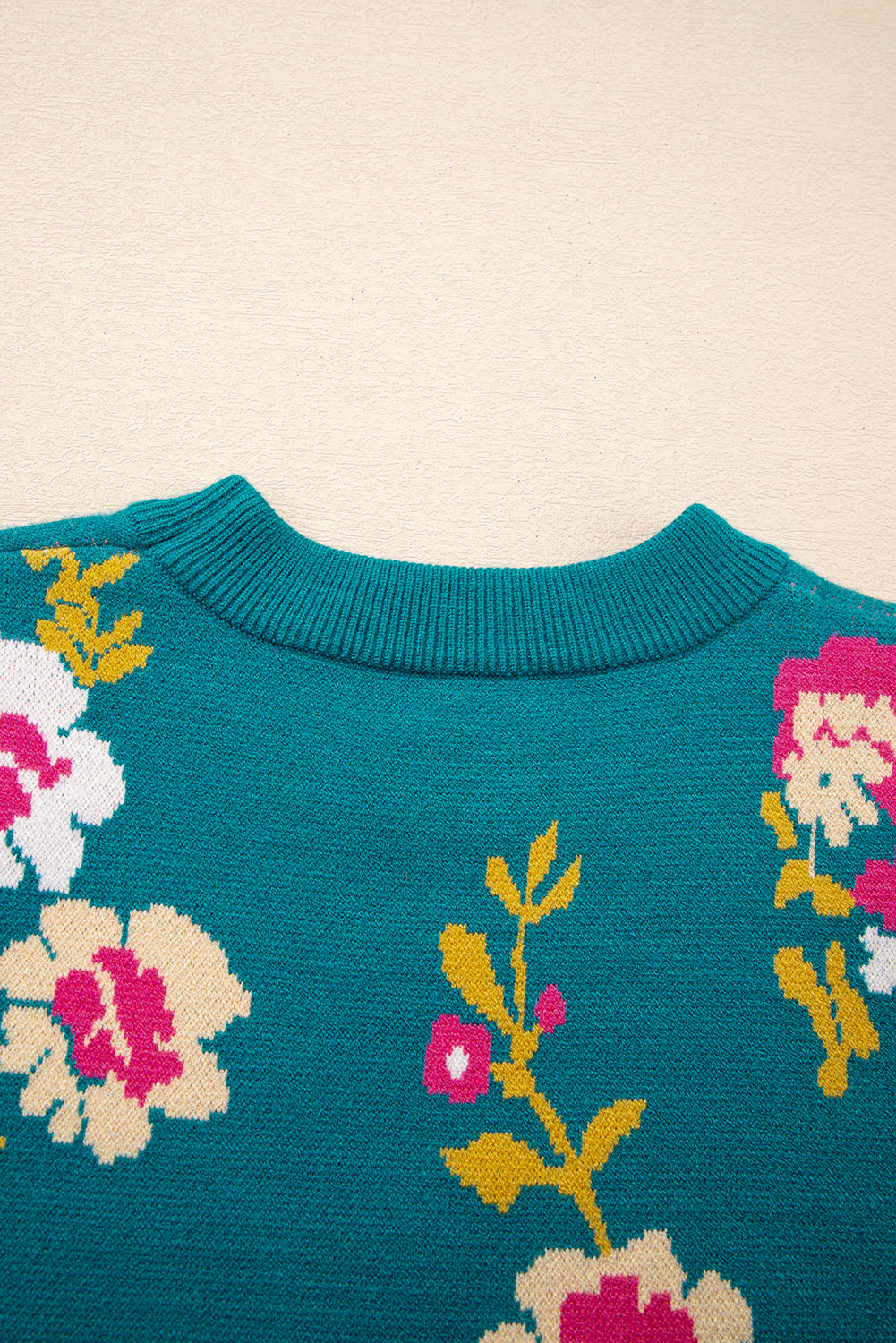 Blue Flower Pattern Mock Neck Short Sleeve Knitted T Shirt