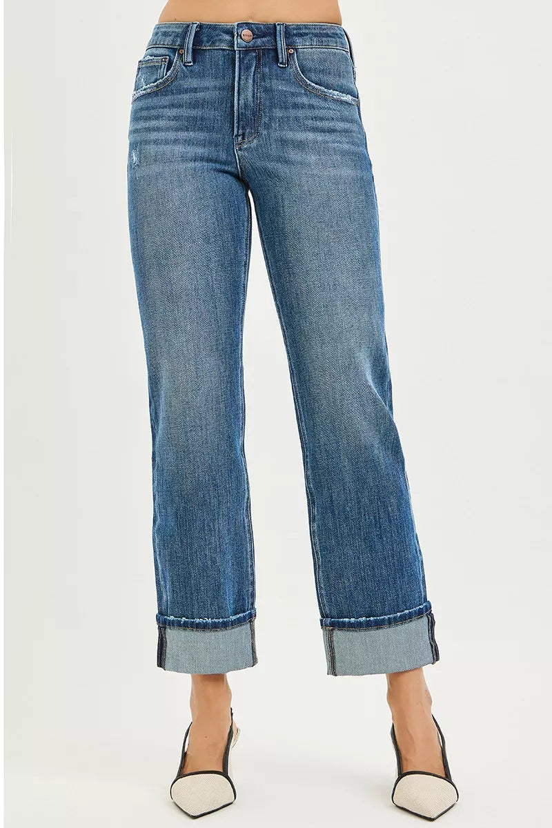 Full Size 4 Way Stretch Slouchy Straight Jeans with Cuffed Hem Plus Size