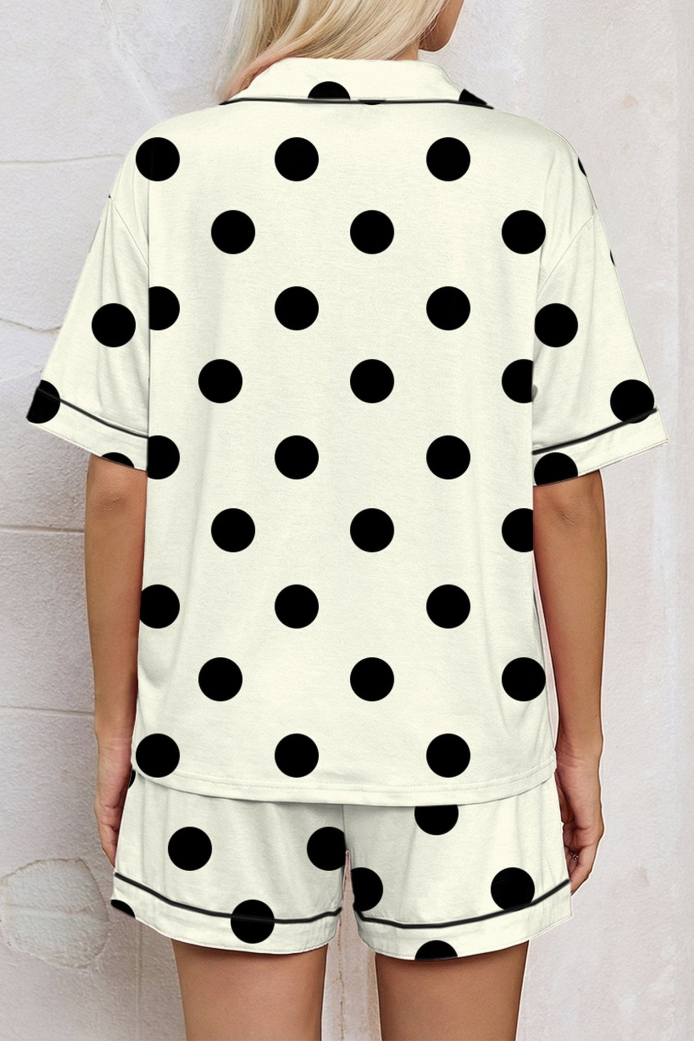 Beige Polka Dot Print Lapel Shirt Drawstring 2pcs Short Pajama Set - Loving It Shop