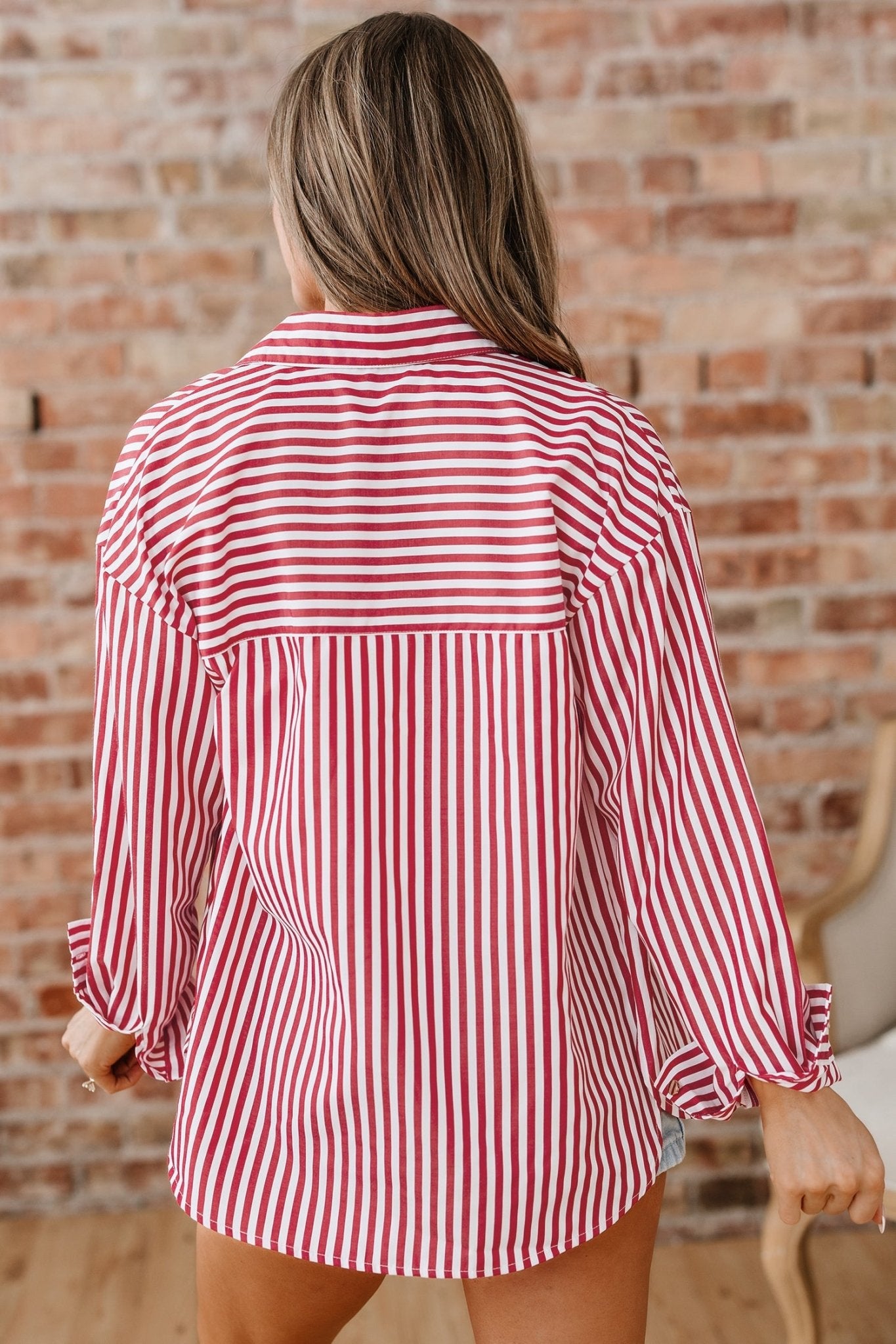 Red Stripe Patched Pocket Side Slit Loose Shirt - Loving It Shop