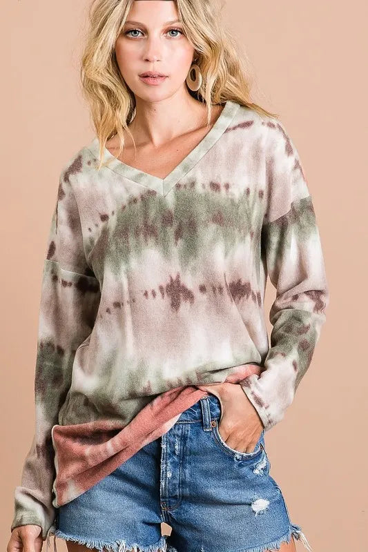 Brushed Tie Dye Looking Print V Neck Top