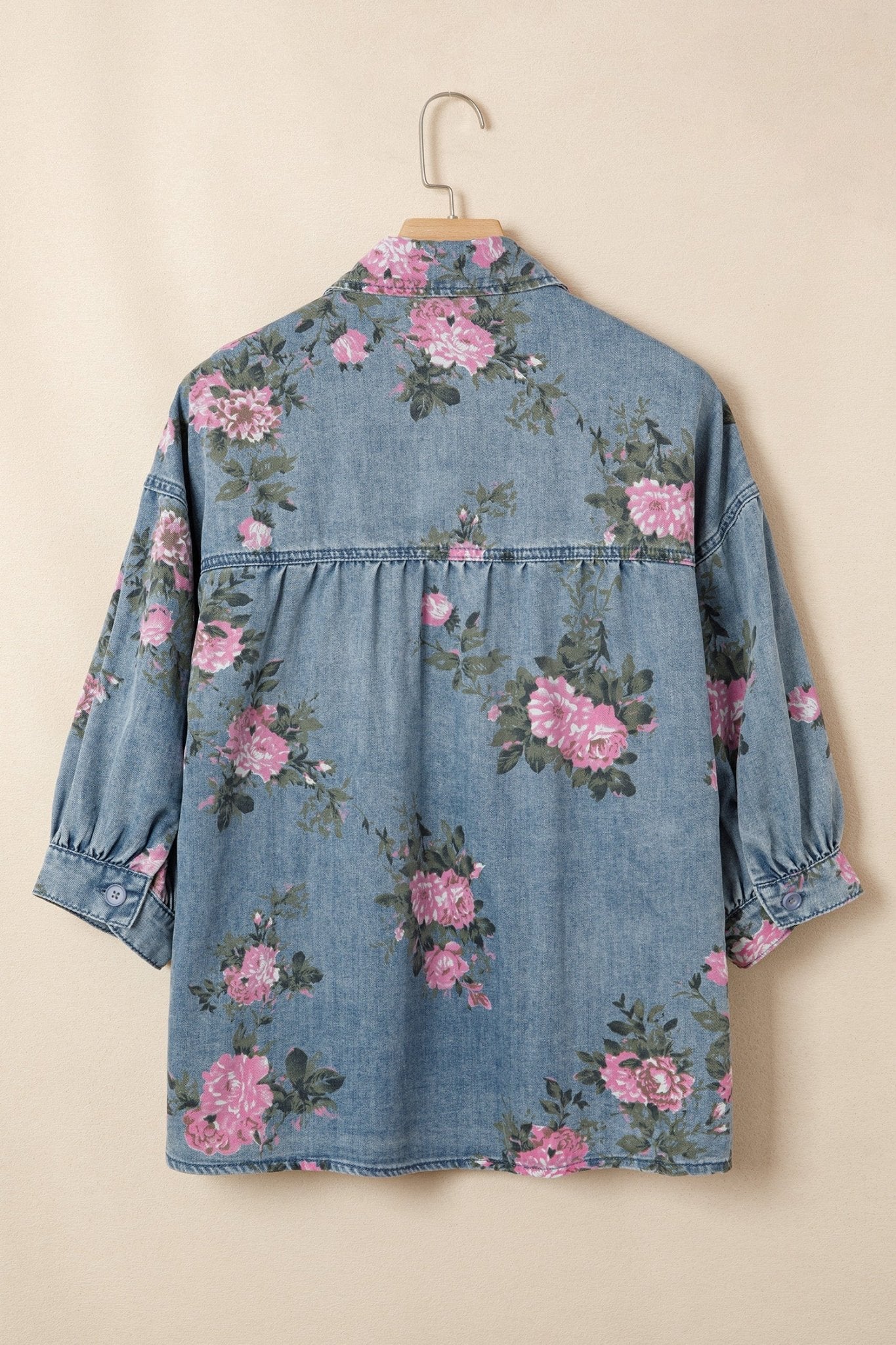 Blue Bracelet Sleeve Floral Denim Shirt - Loving It Shop
