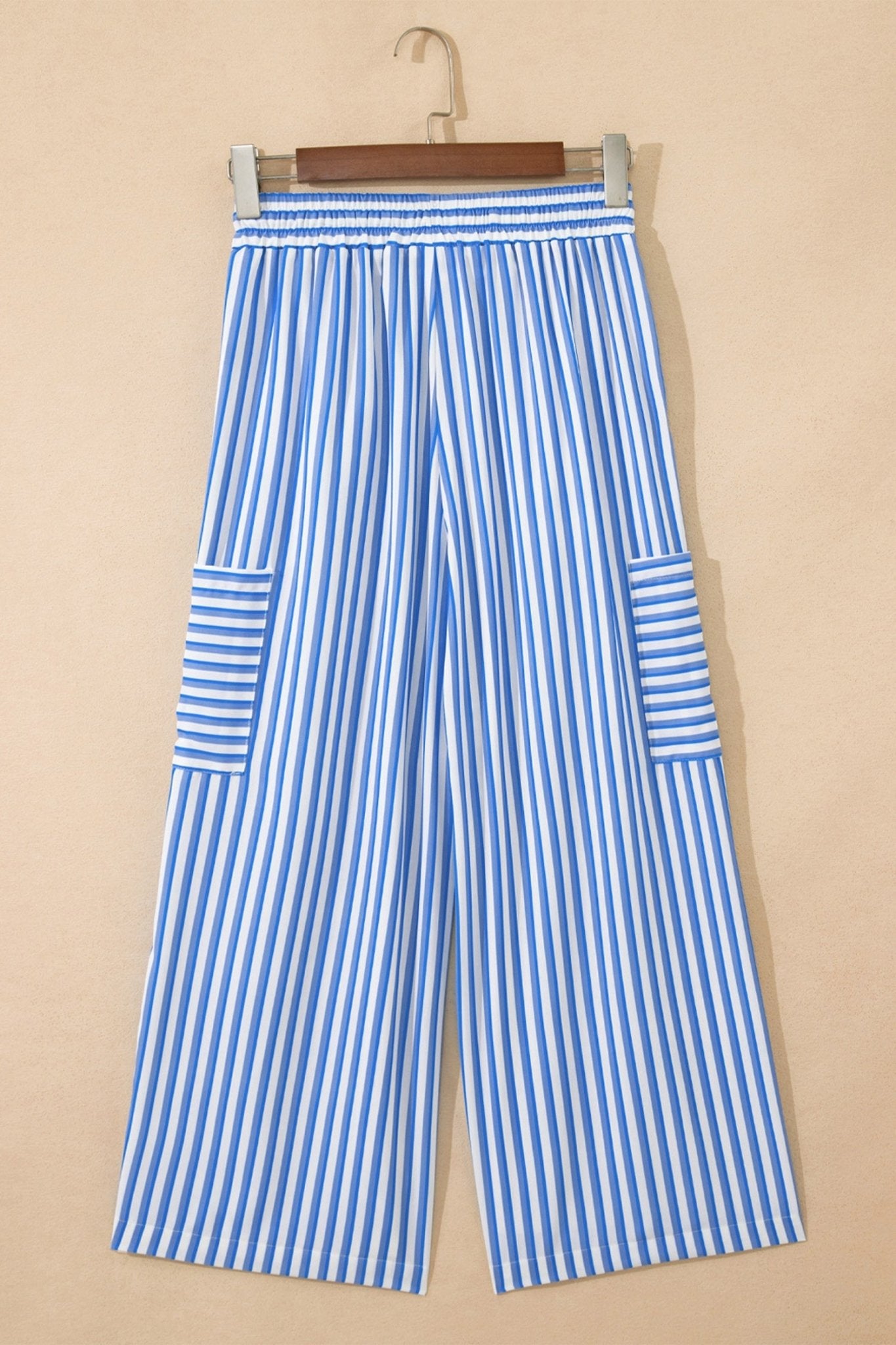 Sky Blue Stripe Drawstring Elastic Waist Patch Pocket Wide Leg Ankle - length Pants - Loving It Shop