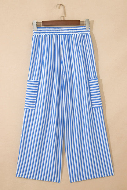 Sky Blue Stripe Drawstring Elastic Waist Patch Pocket Wide Leg Ankle - length Pants - Loving It Shop