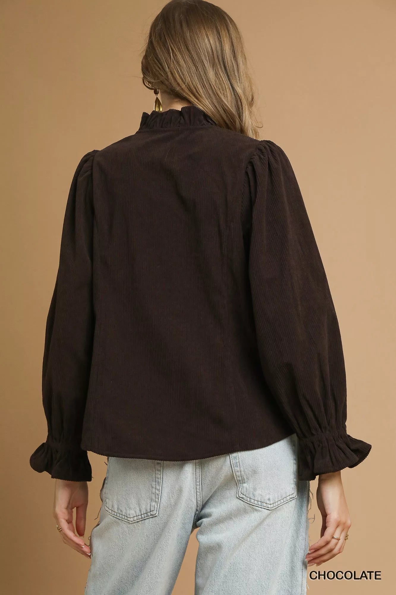 Corduroy Ruffle Shirt with Long Puff Sleeves