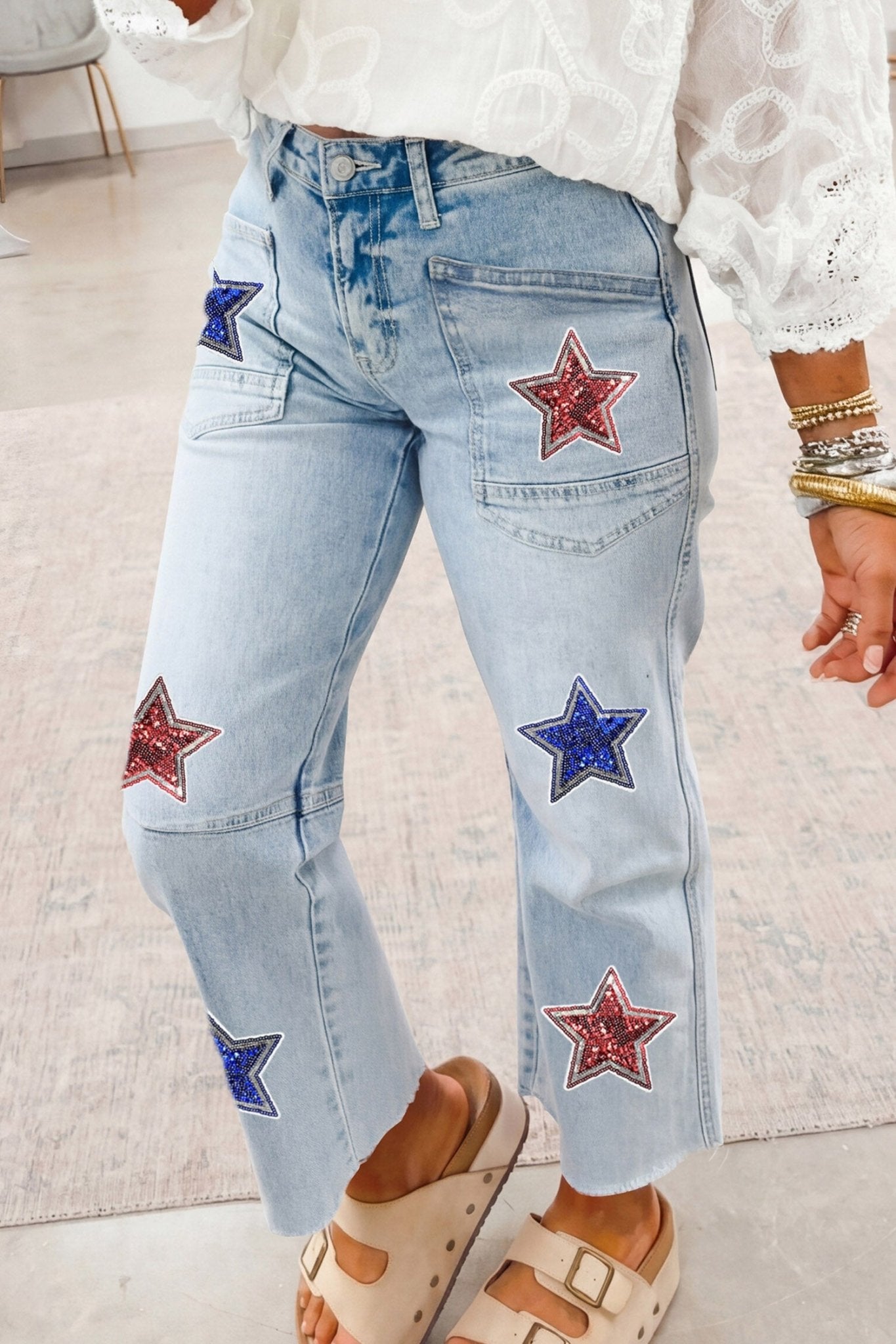 Beau Blue Patriotic Sequin Stars Patch Pocket Shift Jeans - Loving It Shop