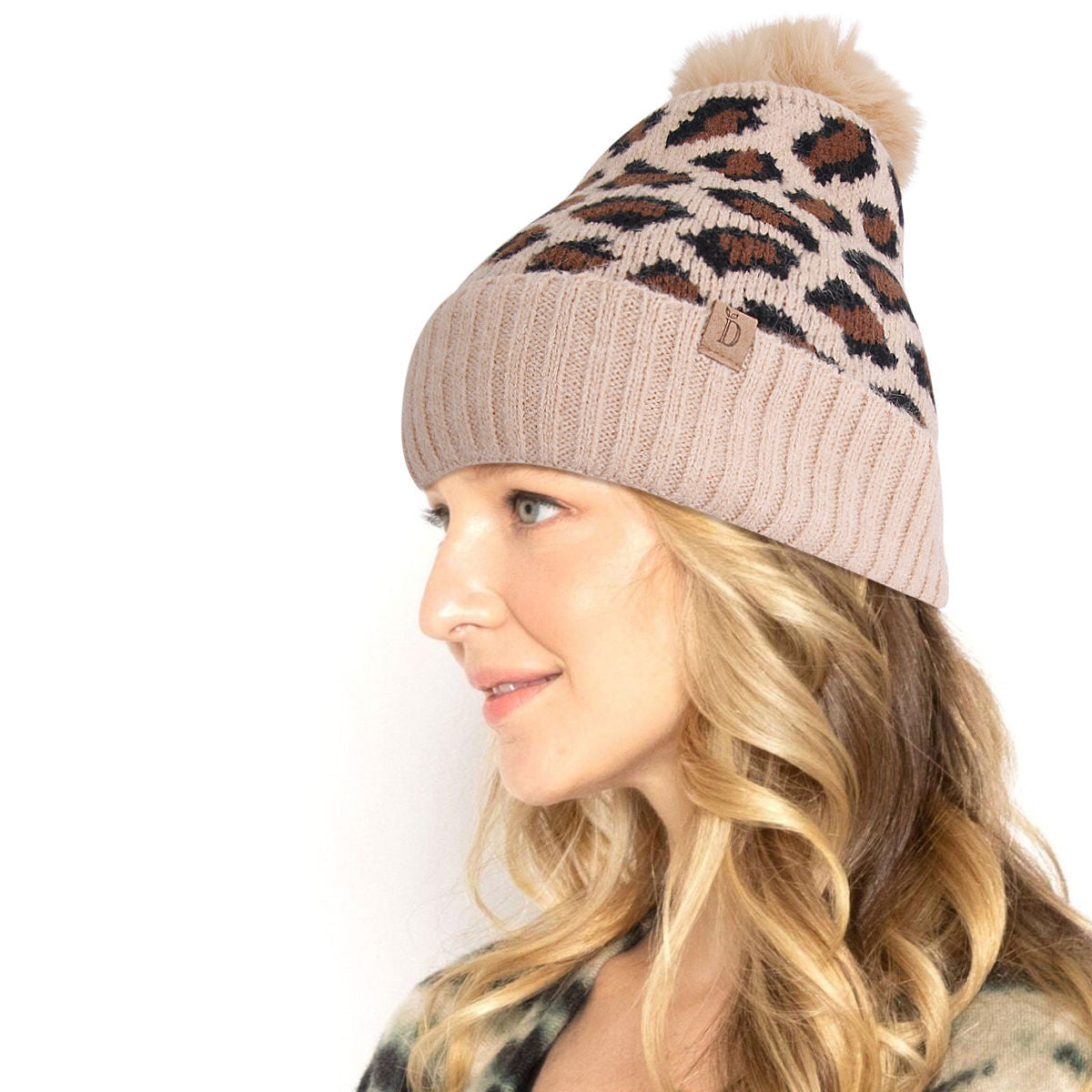Pom Beanie with Camel Leopard Print - Trendy Casual Fashion Accessory