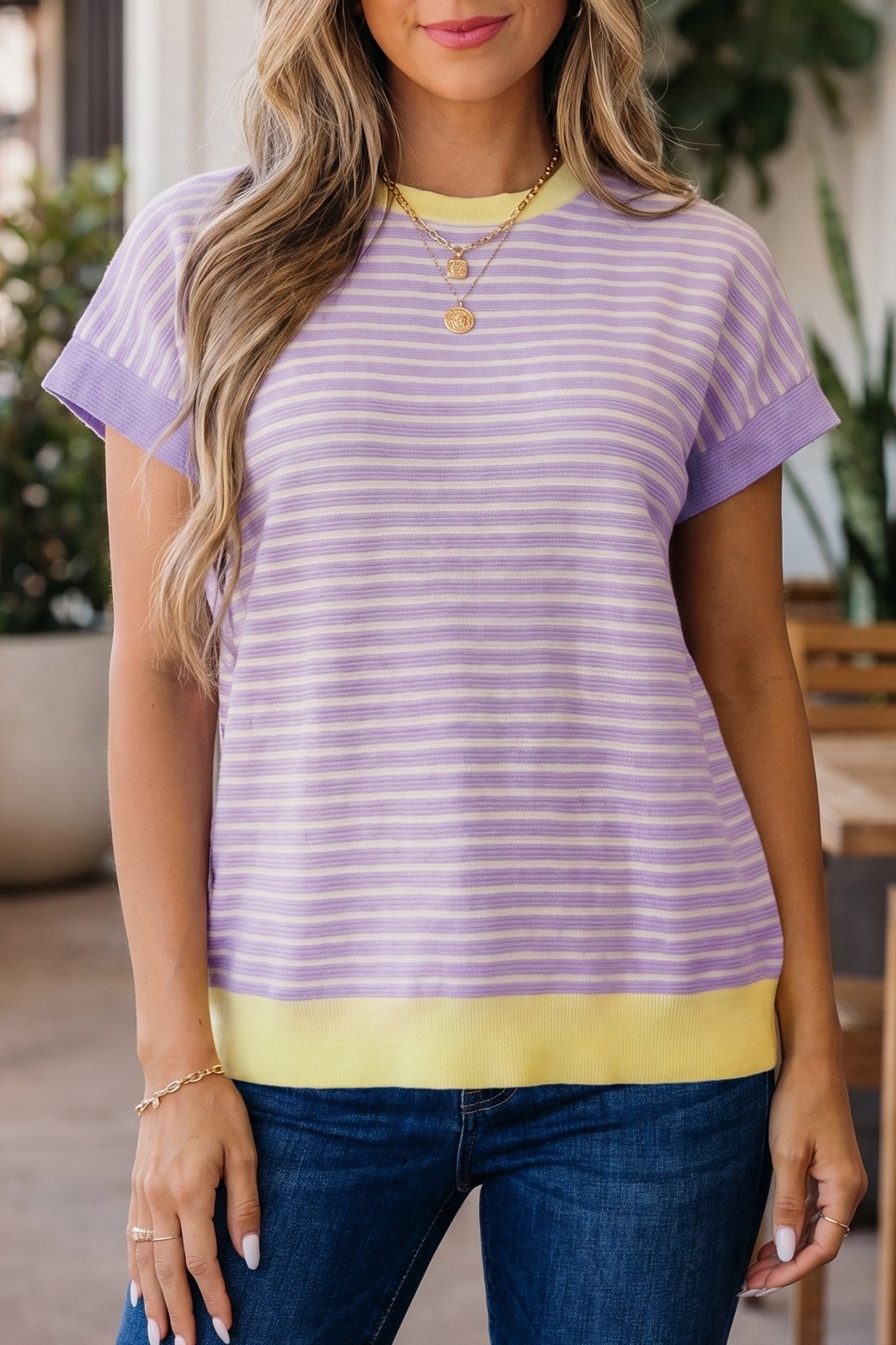 Purple Stripe Striped Colorblock Paneling Collar Cuff Hem Texture T-Shirt - Loving It Shop