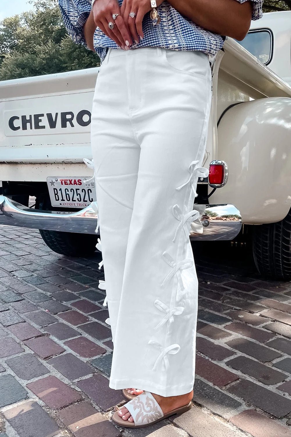 White Bow Knot Side Detail Straight Leg Loose Jeans - Loving It Shop