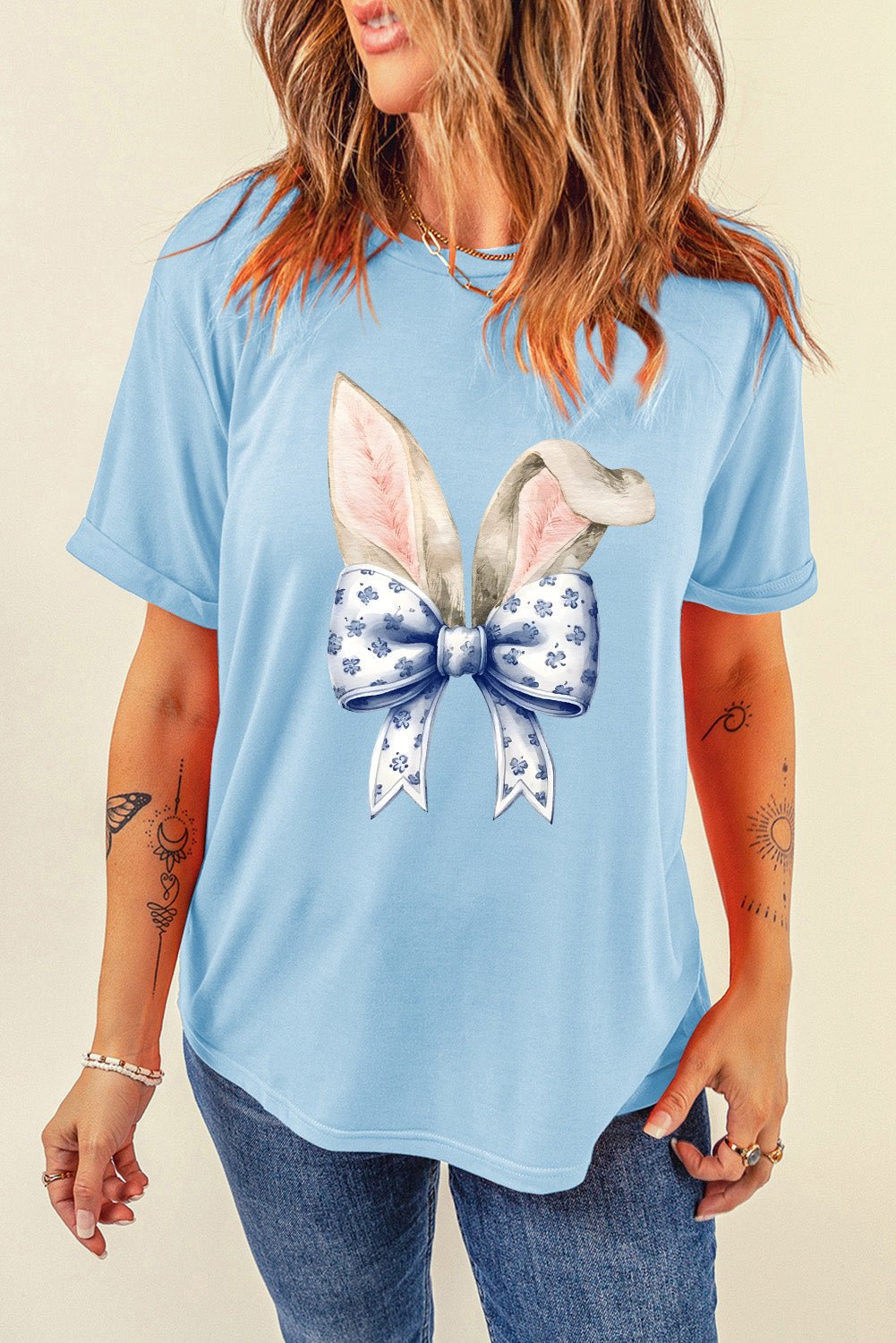 Light Blue Easter Bunny Ears Coquette Bow Graphic Tee - Loving It Shop