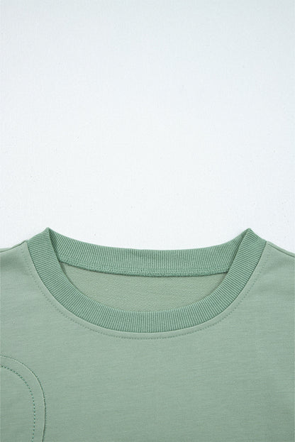 Smoke Green Raw Edge Flower Patch Drop Shoulder Casual Top